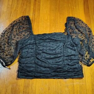 Forever 21 Plus Black Heart Mesh Ruched Puff Sleeve Crop Top 1X goth witchy boho